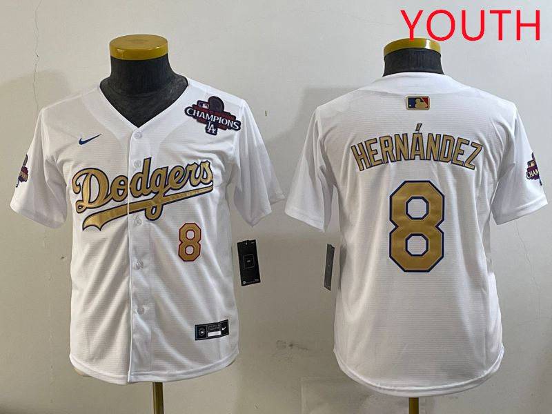 Youth Los Angeles Dodgers #8 Hernandez White Champion gold character 2025 Nike MLB Jersey style 2->youth mlb jersey->Youth Jersey